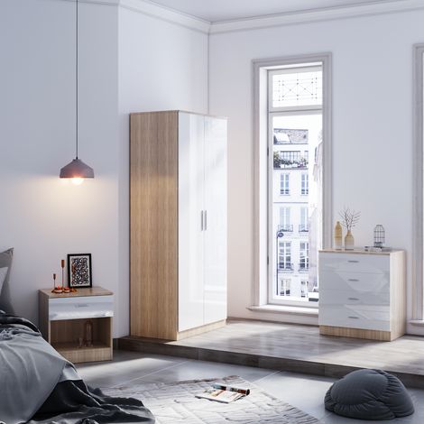 ELEGANT Modern Wardrobe and Cabinet Furniture Set Bedroom 2 Doors Wardrobe and 4 Drawer Chest and Bedside Cabinet, White/Oak (1/5)