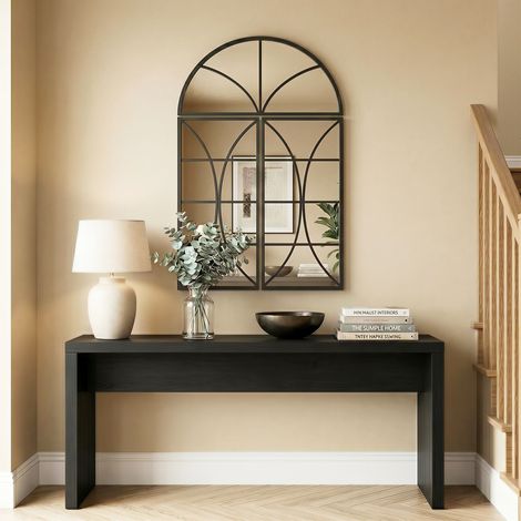 Miroir mural arqué lot 3 pièces 80x120 cm, verrière fenêtre verre trempé métal noir. Ensemble de miroirs pour une décoration murale design, moderne et élégant. (1/5)