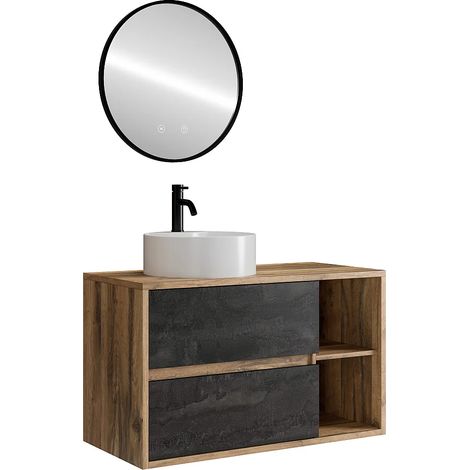 Meuble de salle de bain suspendu avec vasque ronde, robinet et miroir - Coloris naturel et anthracite - 100 cm - TIKITIKI (1/5)