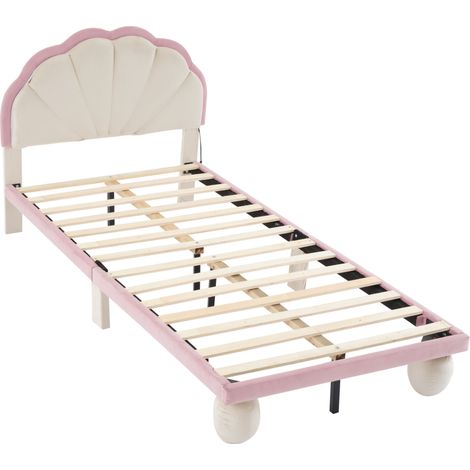 Kinderbett 90x200 cm aus beigem und rosa Samt mit mehrfarbigem LED-Streifen und Wellenkopfteil (1/5)