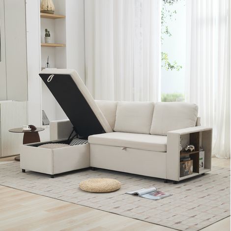 Canapé d’angle 202x136x85 cm en chenille beige avec rangement et méridienne réversible (1/5)