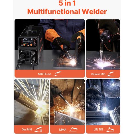 Poste à Souder MIG 200 A Soudeuse Portable MIG Pulsé MMA TIG Lift compatible avec Fils Fourrés, Solides à Gaz, Aluminium, 5 en 1, avec Onduleur IGBT, Écran LCD, Torche de TIG Lift Non Incluse (1/5)