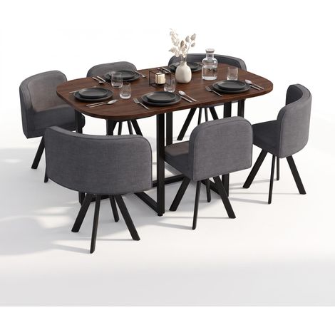 FurnitureR 7-Piece Dining Set for 6, 140 × 90 cm Dark Wood Effect MDF Table with Grey Linen Chairs & Black Metal Legs, Modern Kitchen Furniture (1/5)