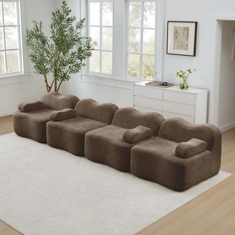 Canapé XXL 4 Places Modulable - Sans Armature, Assise Profonde, Mousse 32D, Design Ondulé (384x98x70 cm) - Marron (1/5)