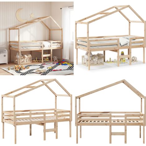 Cama alta con techo madera maciza de pino marrón cera 75x190 cm - Cama con techo - Cama de pino
