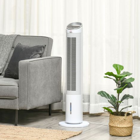 Ventilateur tour avec refroidissement liquide et télécommande, 60 W, 20 m² (30 cm x 30 cm x 100,8 cm), 3 vitesses, blanc