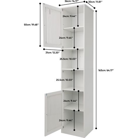 Mueble de baño blanco de 163 cm de altura: modelo de pie con estantes ajustables detrás de una puerta de lamas, mueble estrecho y alto con varios compartimentos. (1/5)