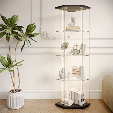Vitrine d'angle en Verre avec LED,Vitrine de collection en Verre Pentagone,Armoire de Collection - 4 Couches - 1 Porte et Serrure, Verre trempé Transparent Armoir de Verres Debout - 60 x 40 x 162 cm