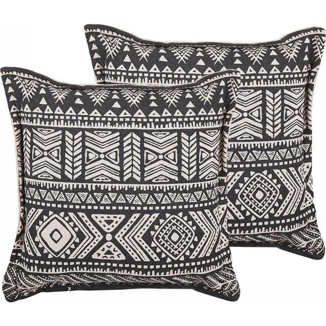 Conjunto de 2 cojines funda de algodón negro y beige con relleno 45 x 45 cm decoración boho Sirvan (1/5)