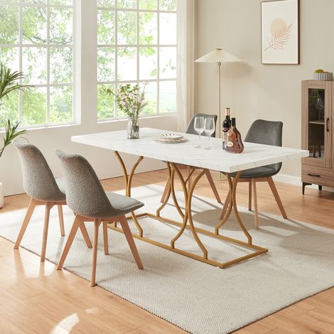 Mesa de comedor Figa rectangular 180x80x75 cm - Efecto mármol blanco/Dorado [en.casa]