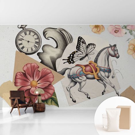 Tapete Vliestapete mit Kleber für Wohnzimmer Schlafzimmer Küche - Wanddekoration Vintage-Blumen 416x254 cm (1/5)