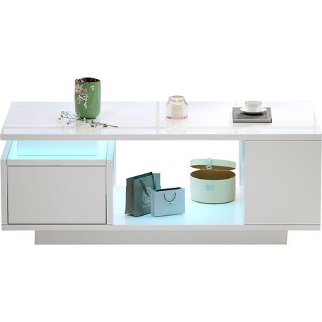 Tavolino 100x50x36 cm bianco in truciolato con LED, cassetto e vani - CHICFURN (1/5)
