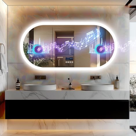 Specchio Ovale da Bagno Led Smart con Bluetooth e Orologio, Retroilluminato + Frontale Luce, 120x60cm (1/5)