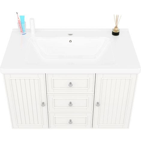 Meuble sous vasque suspendu blanc, 78,5×46×46,8 cm, rangement salle de bain avec 3 tiroirs, meuble lavabo mural, armoire toilette spacieuse, buffet lavabo moderne. (1/5)