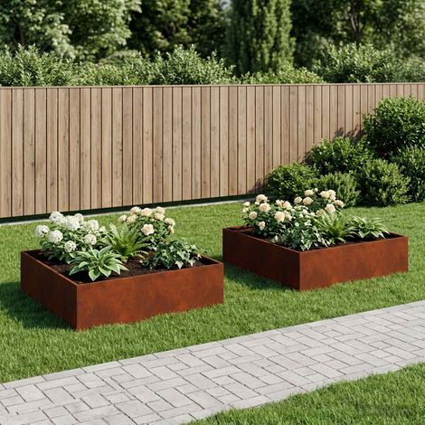 vidaXL Cache-pot de jardin 2 pc Rouillé 100 x 100 x 30 cm Acier patiné (1/5)