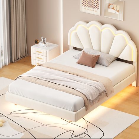 Letto Matrimoniale 140x200 cm, con Illuminazione LED, Testata a Forma di Conchiglia, Rete a Doghe in Legno, Struttura in Metallo, Letto Trapuntato in Velluto - Beige
