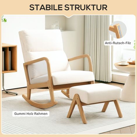 Fauteuil à bascule crème avec repose-pieds, fauteuil relax en tissu effet lin, rocking chair rembourré avec pieds en bois, charge max 150 kg (1/5)