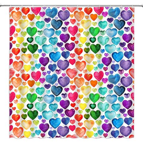 Herzförmiger Duschvorhang mit farbenfrohen Aquarellherzen zum Valentinstag – für einen romantischen und süßen Look für Paare. Inklusive Haken und erhältlich in Rot, Blau und Lila für eine romantische