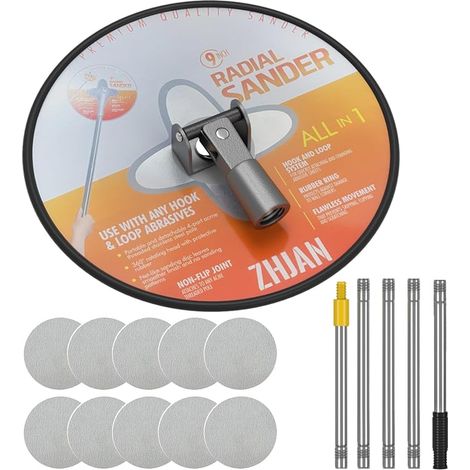 Lijadora de Poste para Paneles de Yeso, Cabeza Radial 360° con Mango Extensible, Incluye 10 Hojas de Lija (100,120,150,180,240) para Paredes y Techos (1/5)