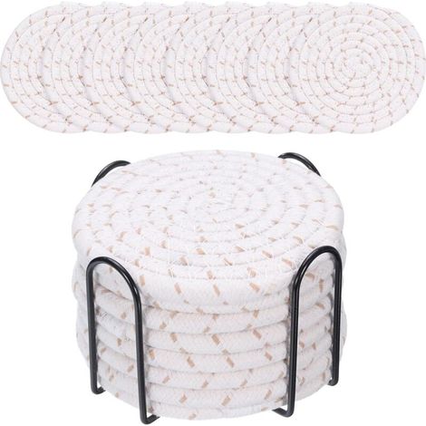 Set aus runden Untersetzern im Boho-Stil aus goldener Baumwolle für Esstisch, dicke Isolierkissen, runde Teppiche für Tee (mit Halterung), 8 Stück (1/5)