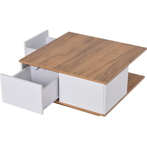 Mesa de centro cuadrada 70 x 70 x 31,5 cm con 3 cajones y hueco abierto, blanca efecto madera (1/5)