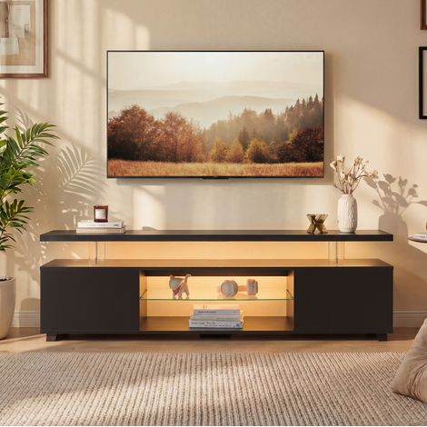 Meuble TV en bois d'ingénierie noir avec éclairage LED, 3 rangements fermés et 1 niche ouverte (1/5)