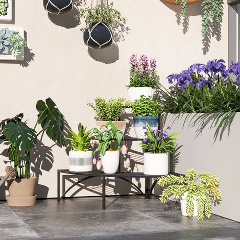 Étagère à plantes en métal noire 3 niveaux 87 x 60 x 60 cm OKMYHOME (1/5)