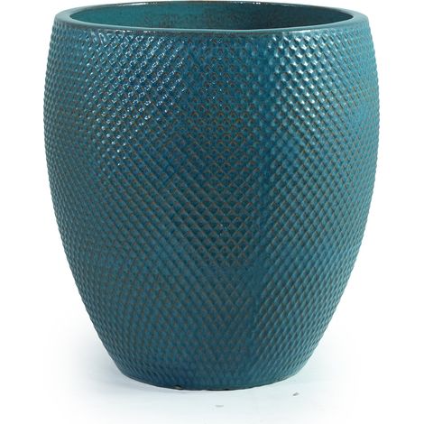 Macetero cerámico grande Ø46 cm x 53 cm azul verdoso brillo con relieve de rombos (1/5)