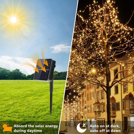 Guirlande lumineuse solaire d'extérieur, 12 m, 100 LED, 2 modes d'éclairage, fil de cuivre étanche, idéale pour jardin, balcon, terrasse, mariage, fête (1/5)
