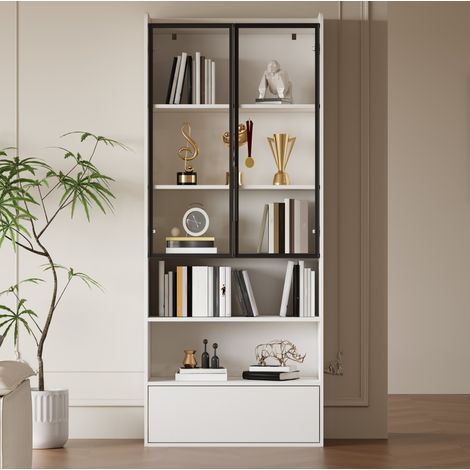 Vetrina soggiorno 80x34x180 cm, 1 cassetto, ante in vetro, LED regolabile tramite app, MDF e vetro bianco (1/5)