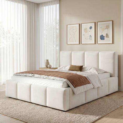 Lit double rembourré 180 x 200 cm beige en chenille tête de lit capitonnée 11 cm sommier à lattes structure encastrée style moderne (1/5)