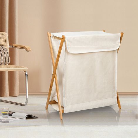 Panier à Linge, Corbeille à Vêtement, pour Salle de Bain, Bac à Linge en Bambou et Lin, Beige (1/5)