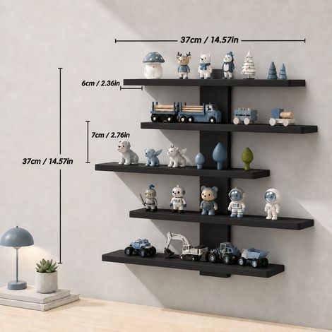Étagère murale noire à 5 niveaux sans perçage, rangement flottant minimaliste, support mural pour salon, chambre, cuisine et bureau (1/5)