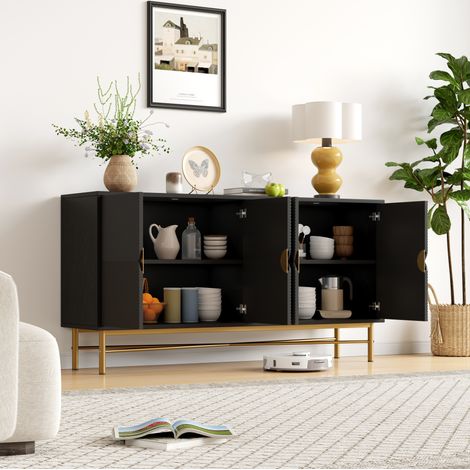 Aparador 4 puertas, 160x40x82 cm, con cierre suave, en MDF y tableros de partículas, negro (1/5)