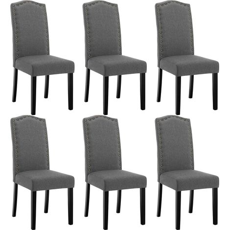 WOLTU 6 Pezzi Sedie per Sala da Pranzo con Schienale Alto. Sedie da Cucina con Gambe in Legno Massello. Sedie da Soggiorno Imbottite. Decorazione con Rivetti. in Lino. Grigio Scuro