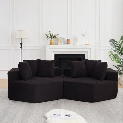 Divano modulare esagonale singolo 122 x 122 x 76 cm in ciniglia nera HAVRYA (1/5)