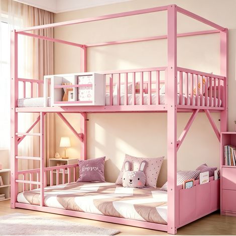 Lit superposé enfant 90 x 200 cm en métal avec toit, étagère et poche de rangement, rose HAVRYA (1/5)