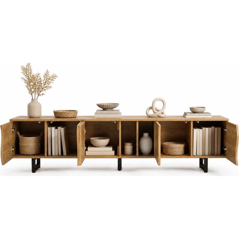 Meuble TV bas 5 portes en bois clair, design naturel et minimaliste, avec rangements ouverts et fermés, cadre en métal léger, 191 x 38 x 46,5 cm - CHICFURN (1/5)