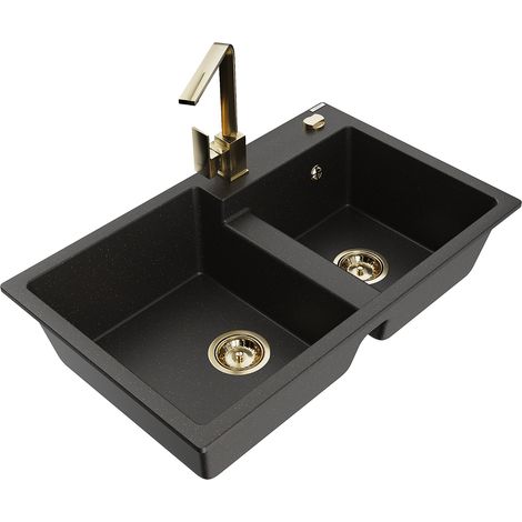 Mexen Tomas lavello in granito a 2 vasche con miscelatore da cucina Rita, nero/oro metallico - 6516-75-670300-50 (1/5)