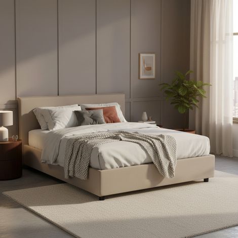 Talamo Italia Lit double Beata, Lit conteneur avec revêtement en tissu, 100% Made in Italy, Ouverture frontale, avec matelas Cm 140x190 inclus, Tourterelle, avec emballage renforcé (1/5)