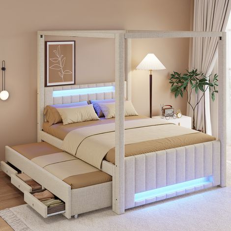 Lit à baldaquin rembourré 140x200 cm avec lit gigogne, 3 tiroirs et LED, lin beige REDOM (1/5)