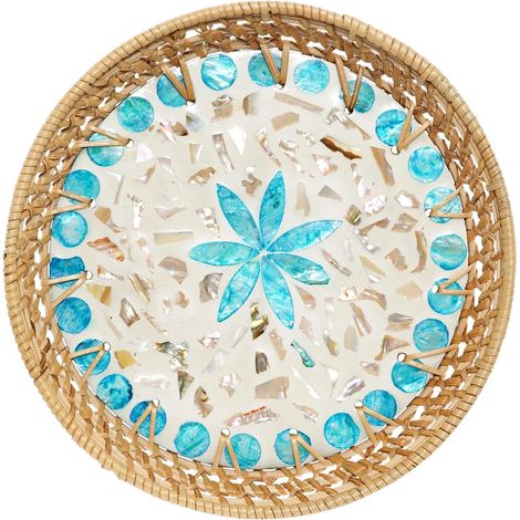 Plateau rond décoratif en rotin avec guirlande de perles en bois - Plateau en osier pour décoration de table, décoration d'intérieur, décoration bohème, présentation et rangement des aliments (1/5)