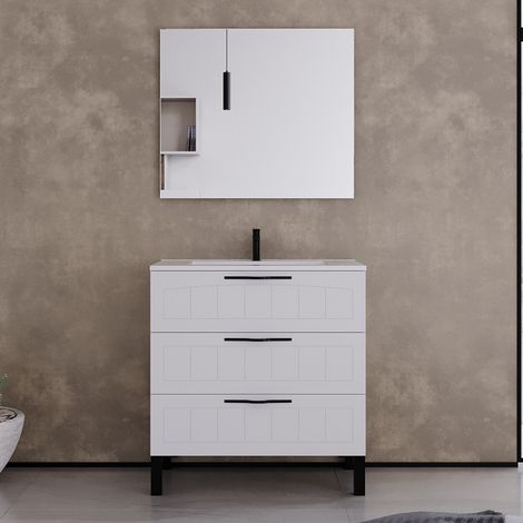 Meuble de salle de bain 70cm simple vasque - 3 tiroirs - blanc - CALA (1/5)