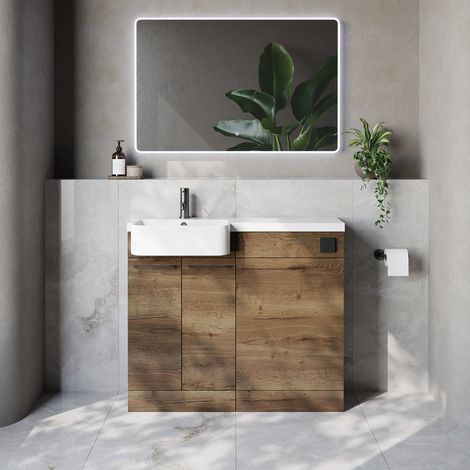 Napoli 250 Tobacco Oak 1000mm 2 Door Vanity Unit Toilet Suite with Left Hand Round Rico Semi Recessed Basin - 1000mm - Gunmetal Grey 160mm HandleWithout Kingston Toilet Pan