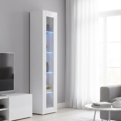 Dmora Säulenvitrine mit Glastür, Made in Italy, mit blauem LED-Licht, Sideboard mit Regalen, Wohnzimmervitrine, 40x30h180 cm, glänzend weiße Farbe (1/5)