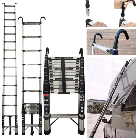 échelle télescopique en acier inoxydable de 14,4 pieds (4,4 mètres), rétractable, pliable, portable, 14 marches, avec crochets, adaptée aux travaux sur le toit du grenier, aux travaux ménagers quotidi