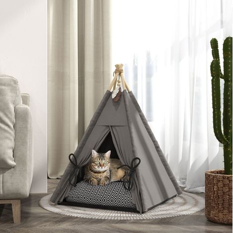 Tente tipi pour chat et mini chien avec coussin lavable, fond antidérapant 60x60x76 cm gris (1/5)
