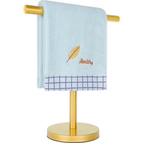 Porte-serviettes de bain en forme de T, en acier inoxydable, autoportant avec base lestée, pour salle de bain, cuisine et plan de travail, doré (1/4)