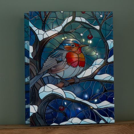28cm Battery Powered Light up Stained Glass Christmas Decoration with Robin & Warm White LEDs (1/5)