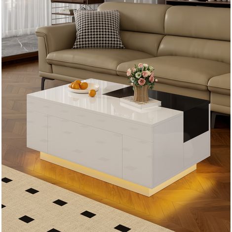 Tavolino bianco lucido con illuminazione LED, cassetti e piano nero estraibile (1/5)